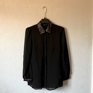 Apt. 9-Sheer blouse w/ sequined collar-Black-Size Small